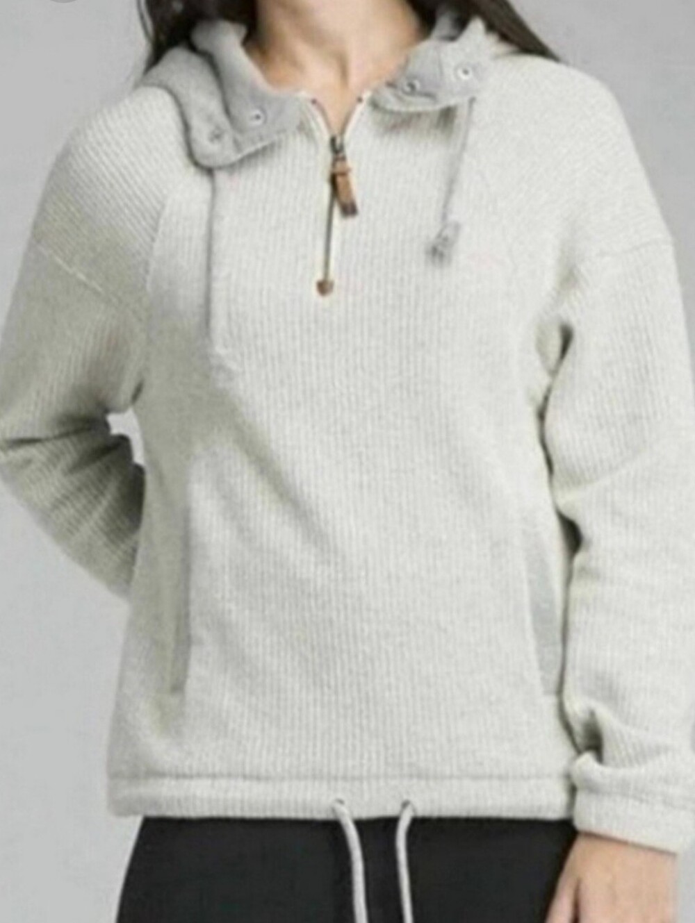 prAna Hartley Grey Wool Blend 3/4 Zip Hooded Sweater, Size Medium